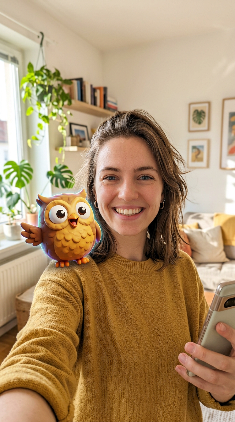 A person taking a selfie in the What the Hoot app with a happy owl on her shoulder